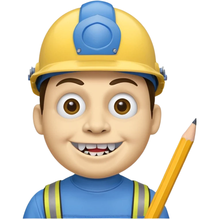 A round head puppet with 2 buck teeth a blue helmet and a round nose with a pencil in it also he has a unibrow  and a yellow shirt that says jeffy emoji