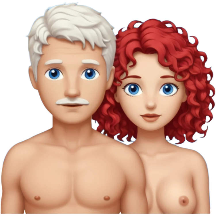 Homme nu cheveux blanc courts, yeux bleu barbe naissante + femme nu gros seins rousse cheveux longs bouclés yeux bleu emoji