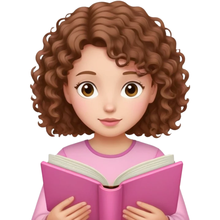 girly character with brown soft curly hair reading a pink book emoji