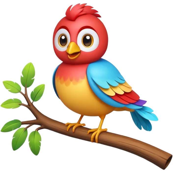 A colorful 3D cartoon bird perched on a small branch, bright feathers, round eyes, and cheerful smile, soft lighting, Memoji-style rendering. emoji