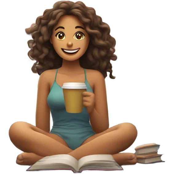 satisfied happy girl, relieved face with books in bed, a coffee, a bikini on emoji
