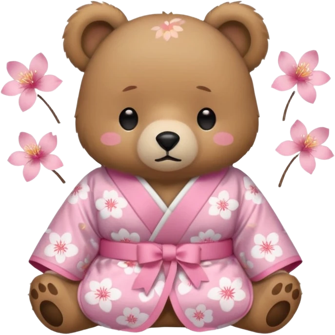 A cute light-brown bear wearing a pastel pink sakura-patterned kimono with a small ribbon on the back, normal balanced head and body proportions, sleepy half-closed eyes, mouth slightly open in a drowsy expression, tiny “zzz” floating near the head, a couple of sakura petals around
 emoji