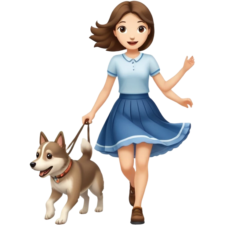 A beautiful girl with fair skin wearing a skirt happily chases the Alaskan dog emoji