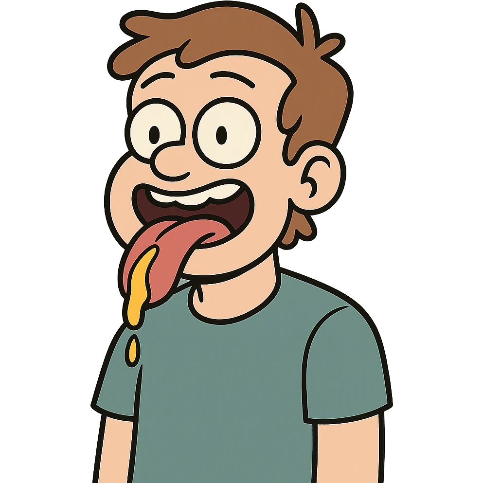 guy with tongue out and mustard on his tongue, cartoon style emoji