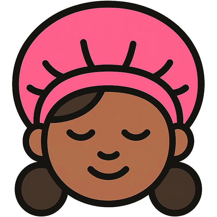 black girl with eyes closed wearing a pink bonnet, vibrant colorful icon style emoji