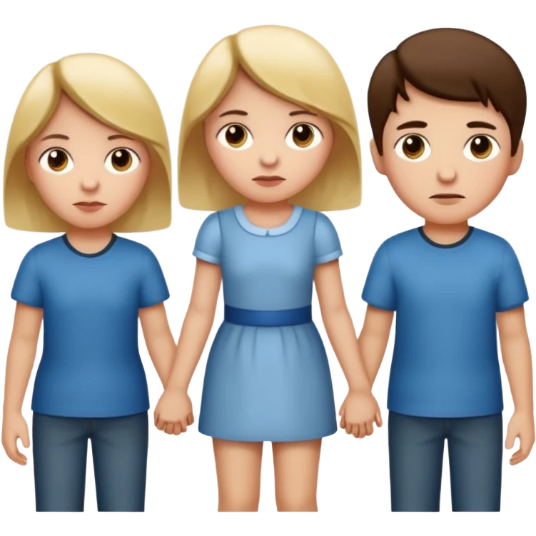 Apple iOS emoji style.
A girl holding hands with two boys at the same time, one on each side.
The girl has a suspicious, guilty expression, slightly turned eyes.
The boys look neutral and unaware.
Clean, minimal Apple emoji design, smooth gradients, rounded shapes. emoji