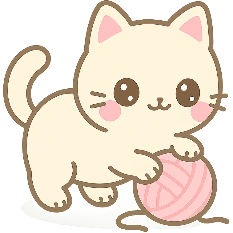 kawaii cat, playing with a ball of yarn, big sparkling eyes, pink cheeks, cute pose emoji