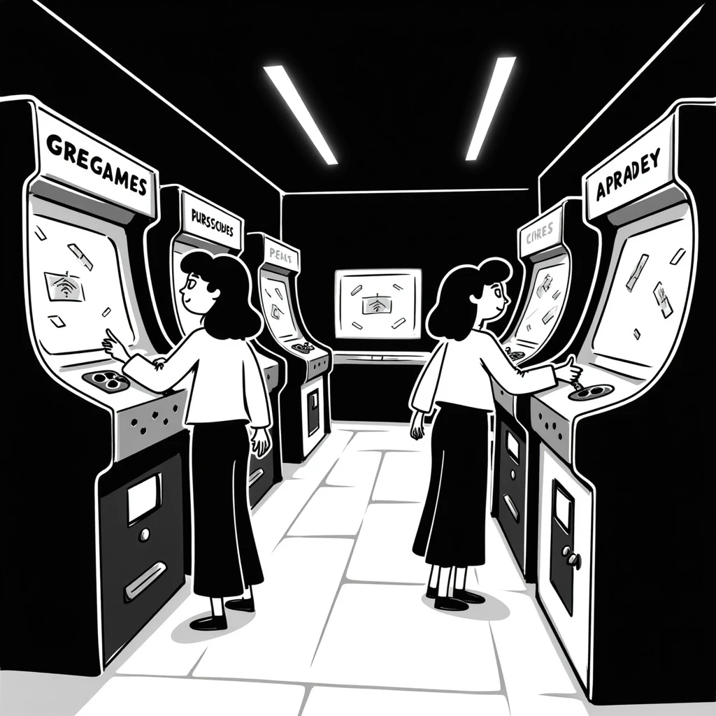An 80s arcade with glowing machines and neon flooring emoji