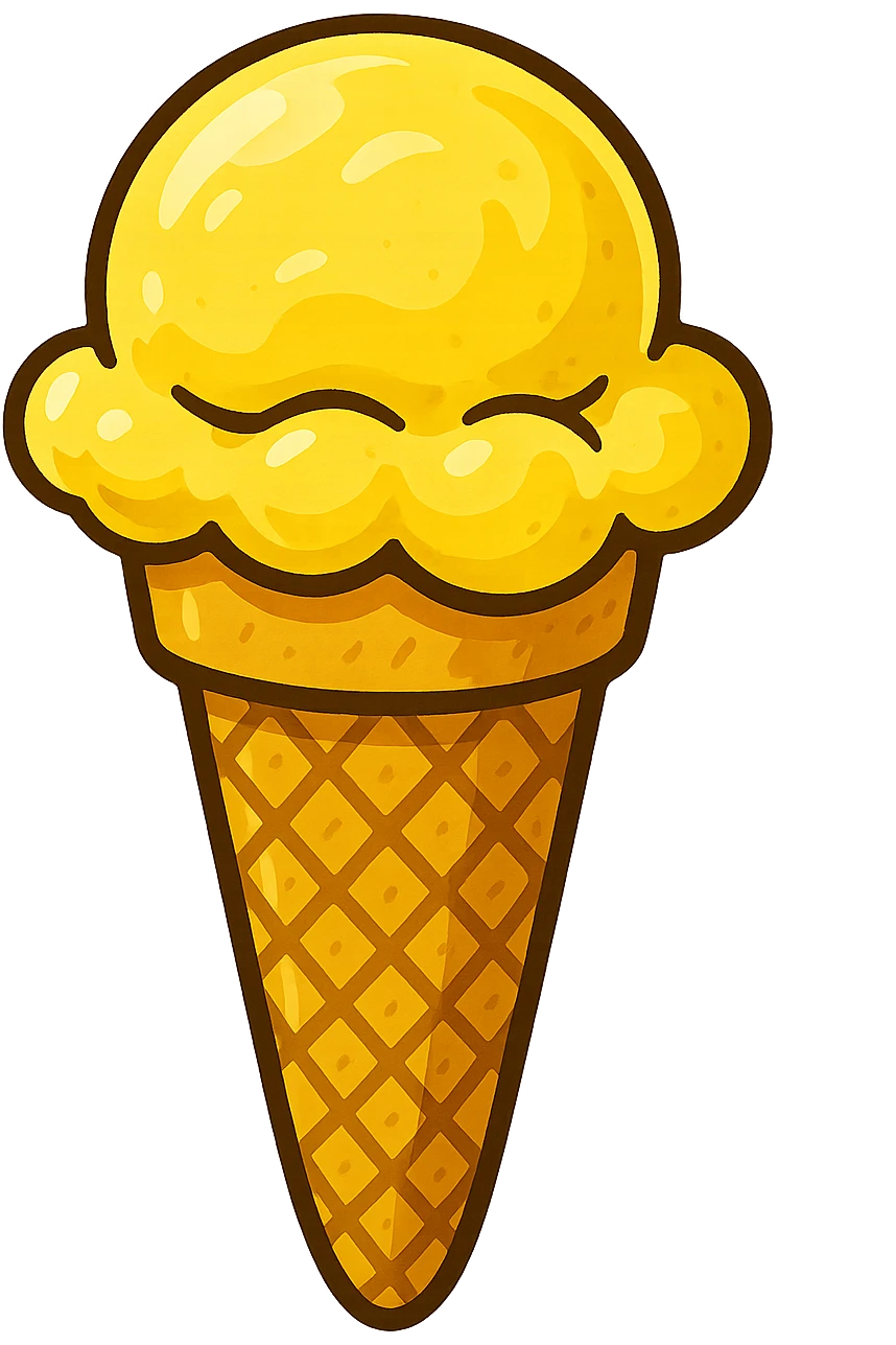 sorvete de casquinha estilo Marvi, sabor amarelo, casquinha crocante, bola de sorvete cremosa amarela, visual alegre emoji