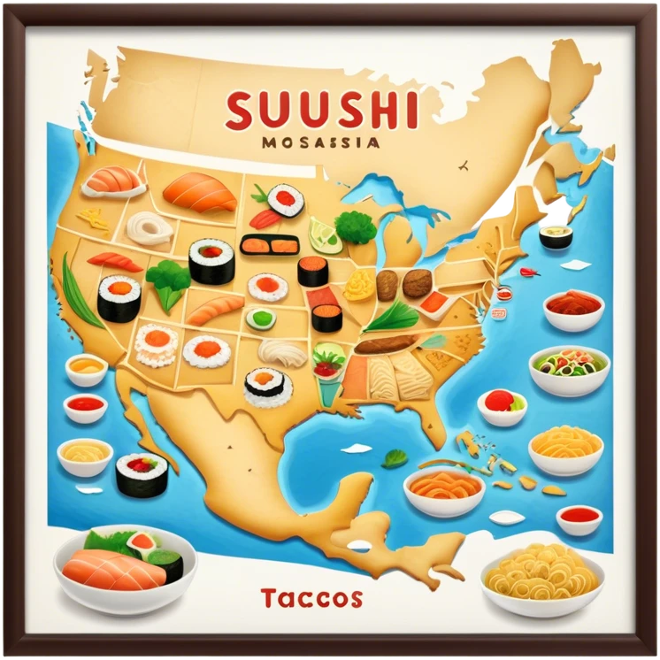 Icon for Culinary Tourism: a map with various national dishes from around the world, like sushi, pasta, and tacos, surrounded by iconic landmarks. The icon should represent the joy of exploring different cuisines during travel. Transparent background. emoji