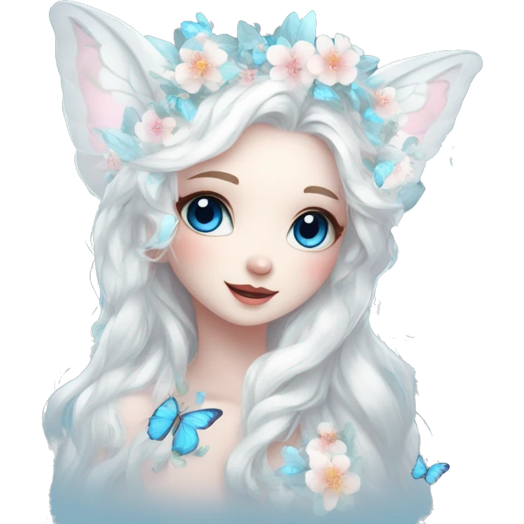 Cute gorgeous ethereal white fantasy animal with blue eyes sona with flowers and butterflies emoji