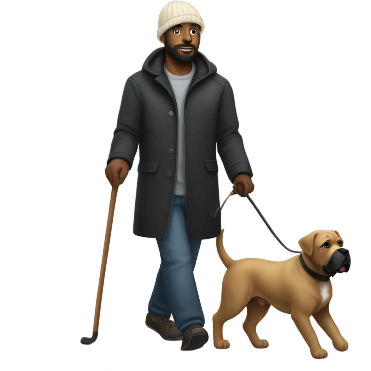 Black bald man with beard and beanie walking a Kane corso emoji