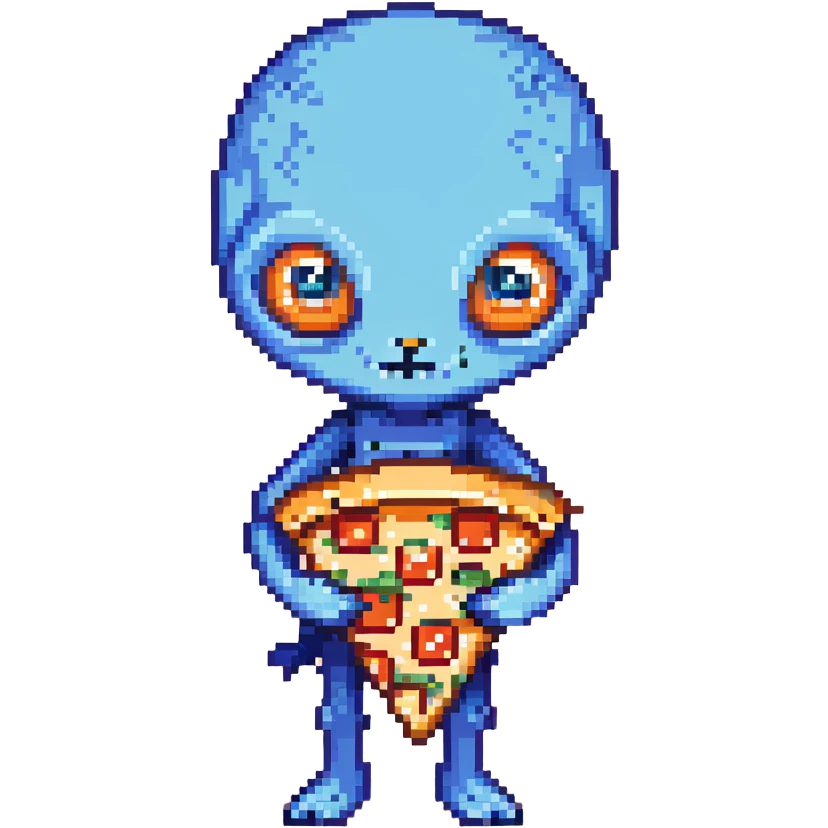 A blue alien with big eyes holding a pizza slice emoji