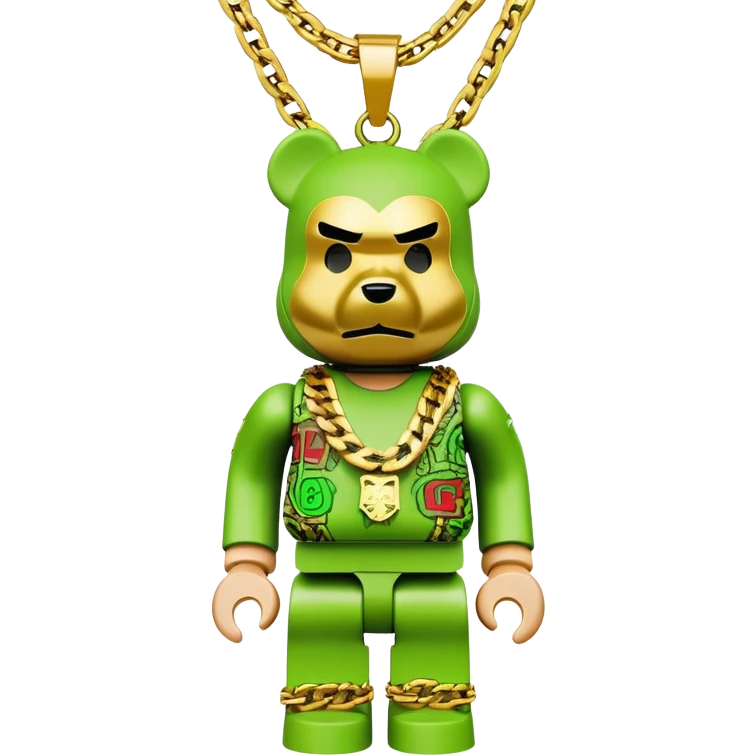 classic bearbrick figure with lime green mask covered in chaotic brand logos, wearing several large gold chains, gold pendant, rapper style accessories, expressive eyebrows emoji