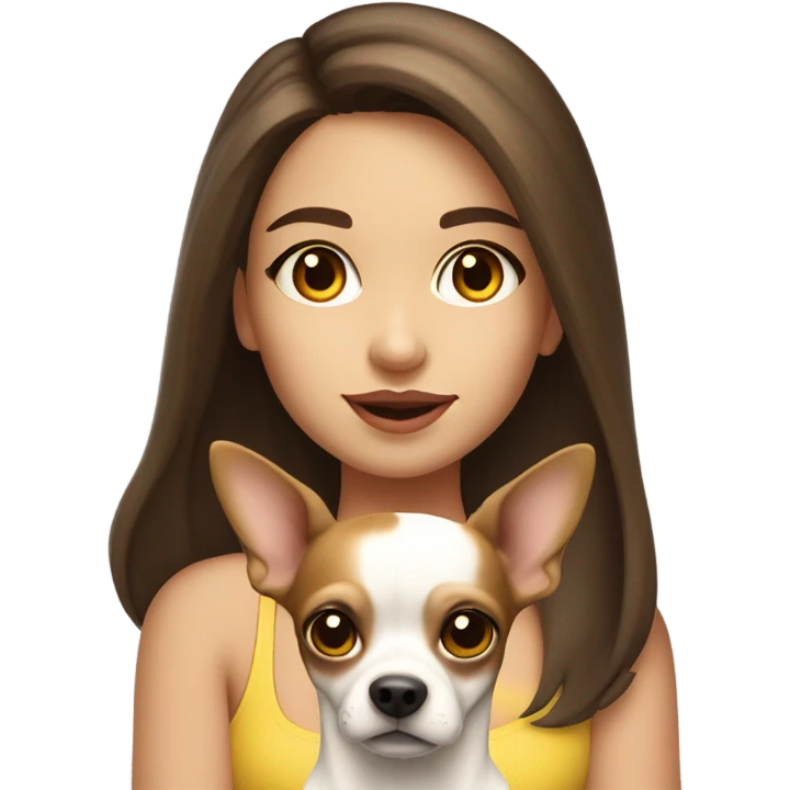 A girl with long brown hair, big brown eyes, very big lips wearing a white singlet top, holding a chihuahua that is one colour yellow emoji