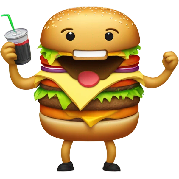 Cheeseburger with arms and legs drinking soda emoji