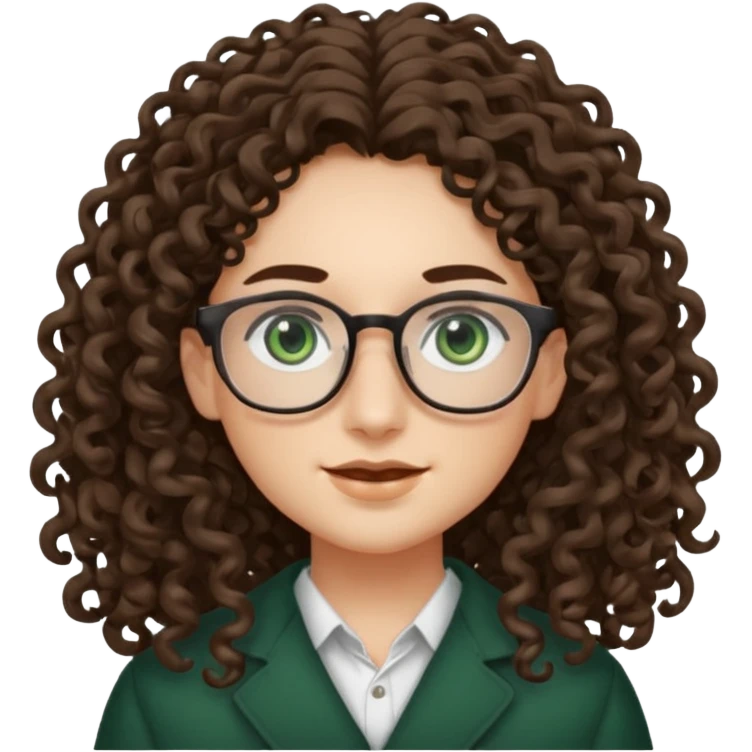 rapariga, olhos verdes escuros, rosto retangular, cabelos muito compridos aos caracóis, com óculos emoji