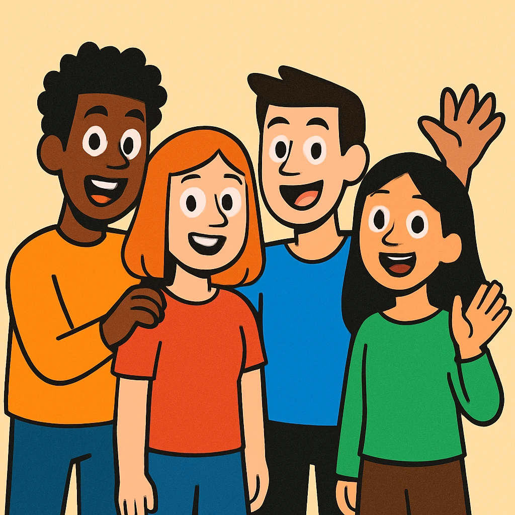 a group of friends, cartoon style, cheerful, diverse, standing together emoji