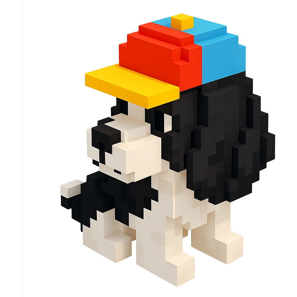 A black and white Russian Cocker Spaniel puppy wearing a cap, voxel style, facing left emoji