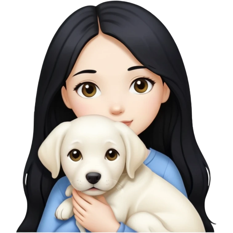 A beautiful girl with long black hair and fair skin is holding a white Labrador emoji