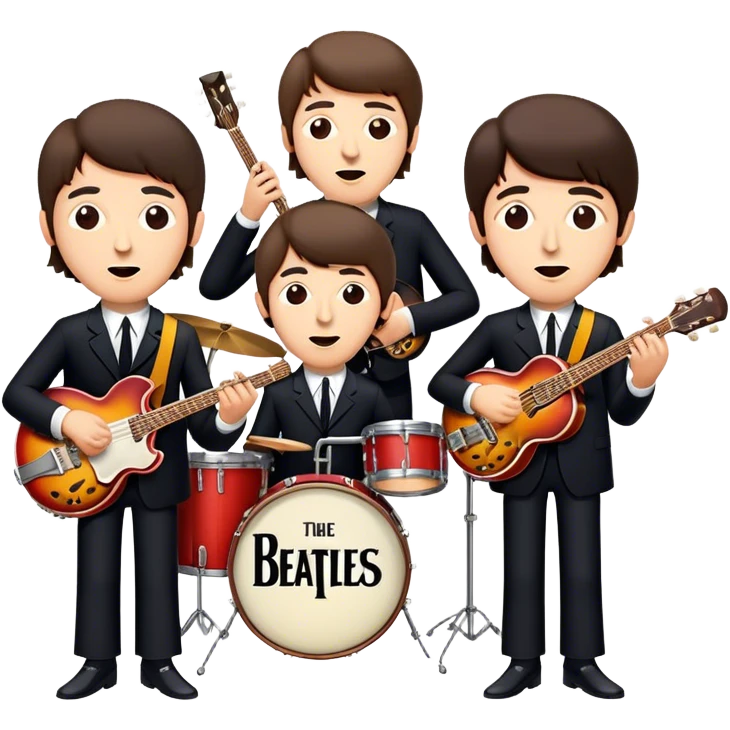 Cinematic Realistic The Beatles Group Emoji, depicted as an iconic band of four exuding playful charisma and musical genius with retro instruments and vibrant expressions, rendered with rich textures and nostalgic dynamic lighting that captures their legendary impact on pop culture. emoji