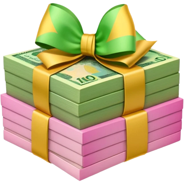 Bright Green & Golden Yellow Gradient Australian $100 notes stacked together and wrapped in a pink bow emoji