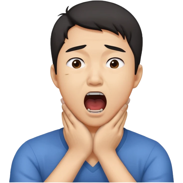 Asian guy chocking himself with his arms on his throat and a screaming face emoji