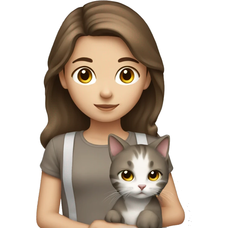 young girl with brown hair and cat brown gray and white emoji