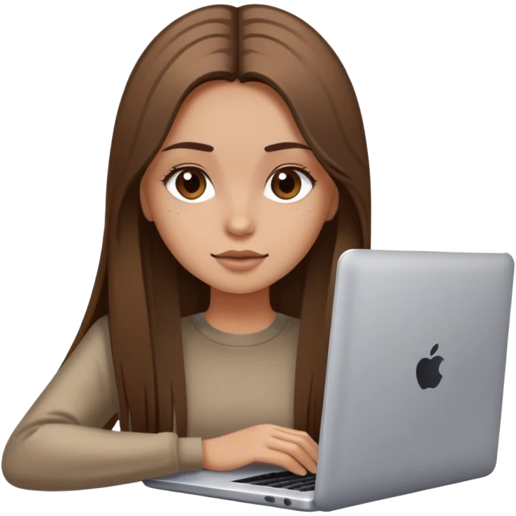 beautiful girl, with long dirty brown hair, straight hair, polish, with laptop emoji