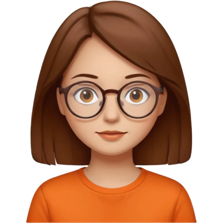 brown hair woman with round glasses orange shirt no smile emoji