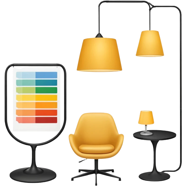 Create a minimalistic and stylish custom emoji that represents a premium interior design studio. The emoji should include a sleek modern chair, a hanging designer lamp, and architectural elements like a floor plan or a paint swatch.  emoji
