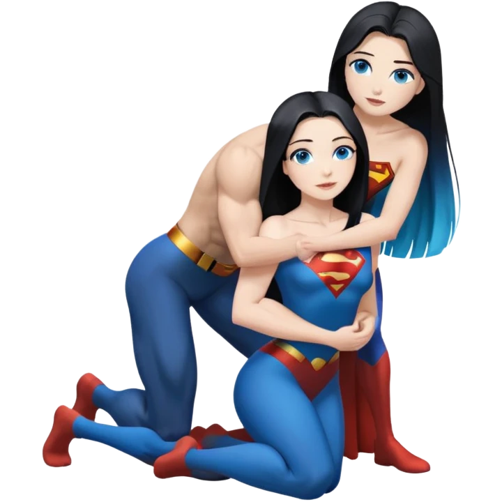 Art of woman's very sexy body scheme anatomy-bare shoulders and front-blue eyes-very long straight black to blue hair ombre-kneeling-front-leaning back-looking at male superman to her side emoji