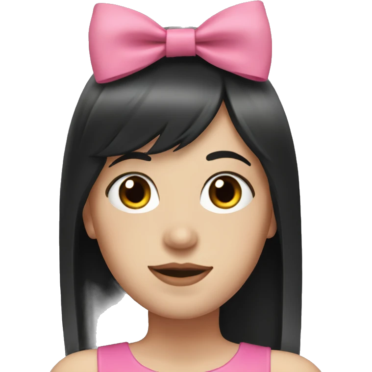 white girl with long black hair and bangs with pink bow emoji