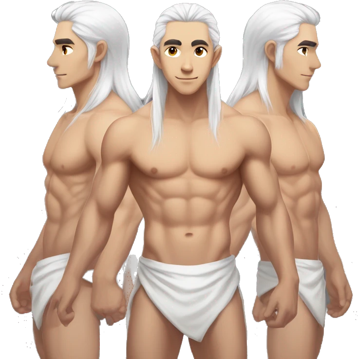 Asian masculine full body shirtless abs long white hair elf  emoji