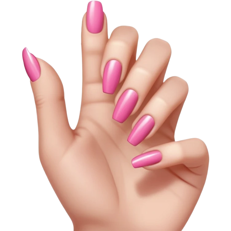  pink close-up of a hand with beautifully manicured nails, glossy pink nail polish, elegant nail shape, soft lighting and shadows, realistic style, emoji