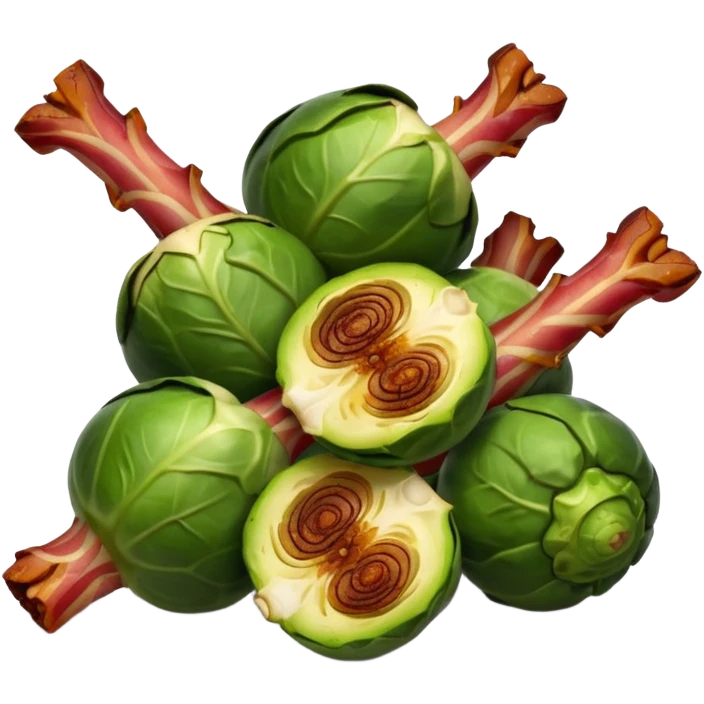 realistic charred Brussel sprouts with cooked pieces of bacon emoji
