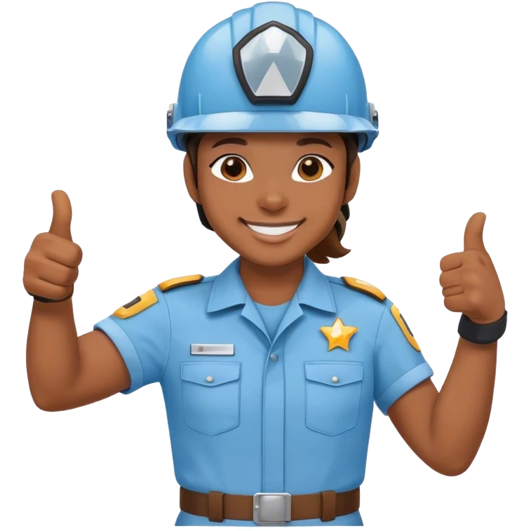 karyawan mengunakan helmet dan berseragam biru langit dan tersenyum dan mengacungkan jempol emoji