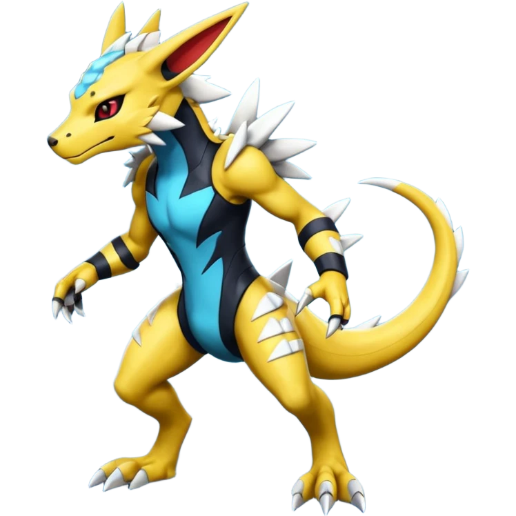 Modern anthropomorphic furry futuristic shiny colorful Zeraora-Salandit-Guilmon-fusion (full body) emoji