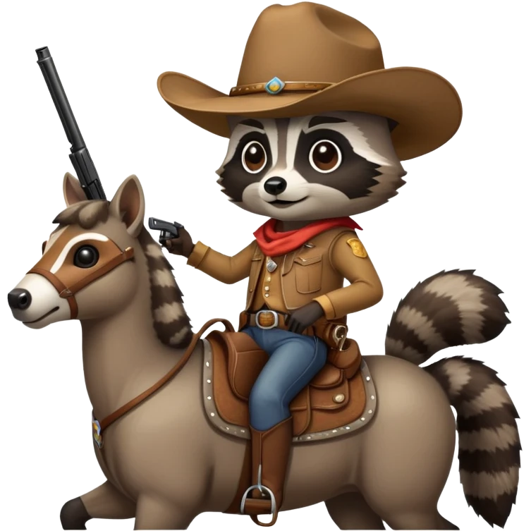 Racoon with a cowboy hat, two pistols, and riding a horse emoji