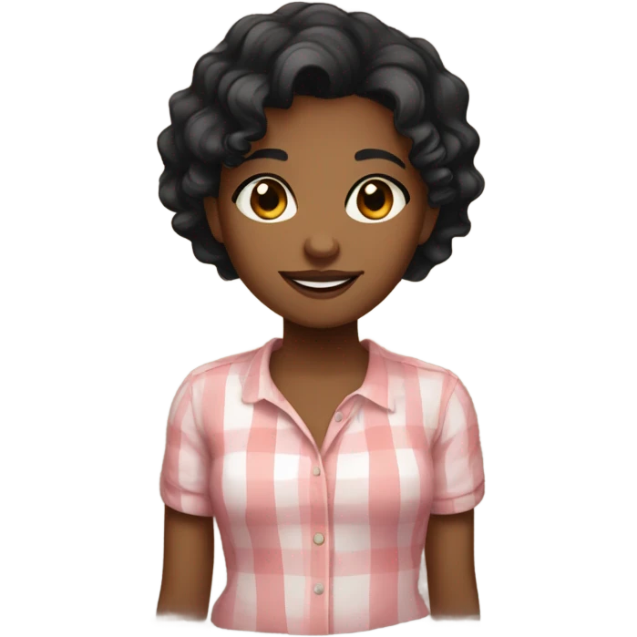 Brown girl with short black wavy hair, dark brown eyes, soft smile. Cute shirt emoji