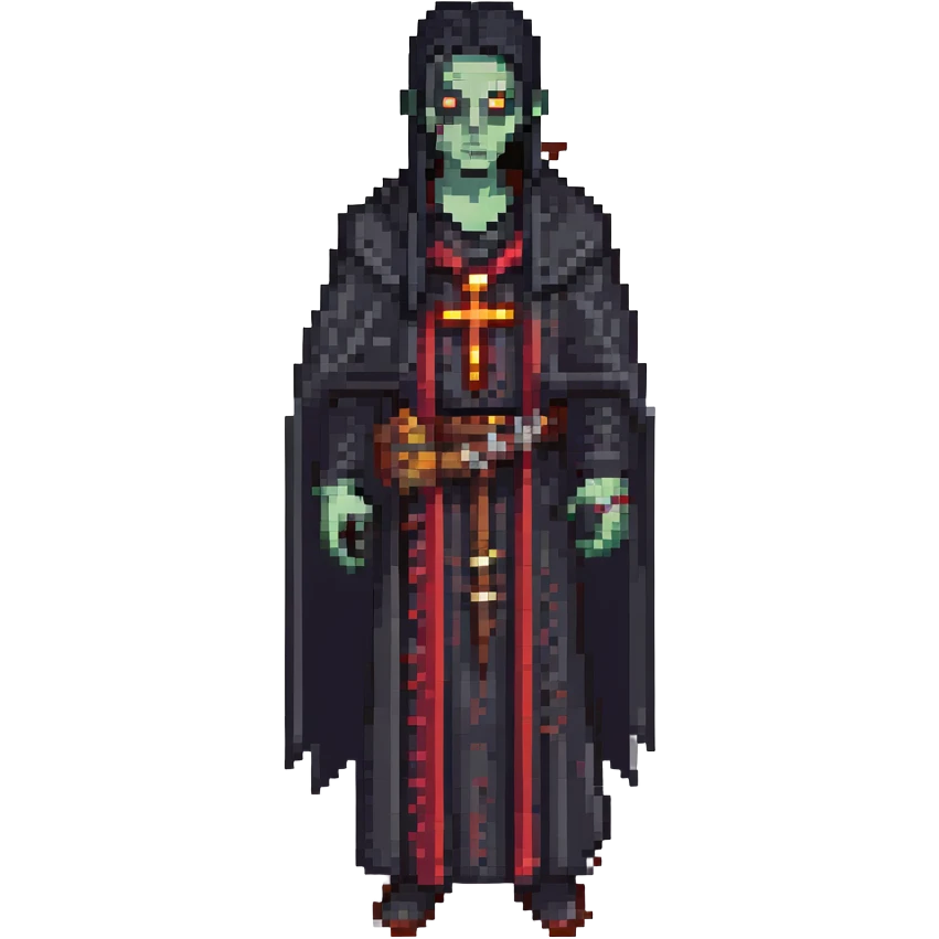 a zombie from the game DAYZ, A PRIEST WITH BLACK HAIR WEARING A BLACK ROBE emoji