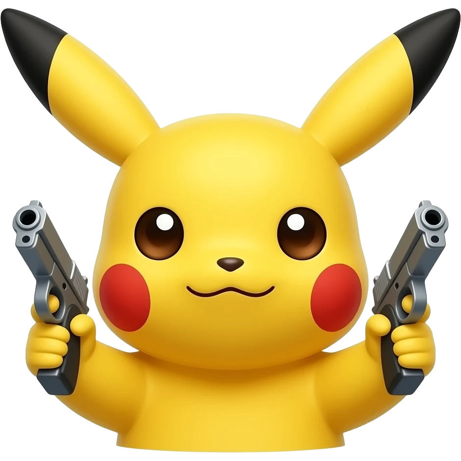 Flat design pikachu (head only with hands), holding a gun. emoji