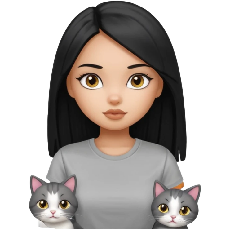 a pretty bratz dusky girl with long straight hair with 2 cats nd wearing a grey tshirt emoji