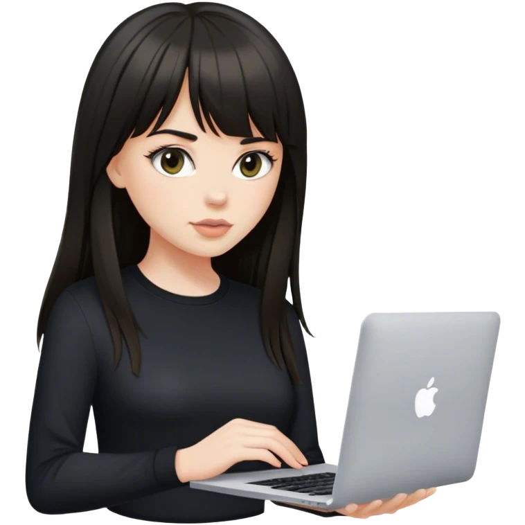 Beautiful white girl with dark long hair with bang in black shirt with MacBook  emoji