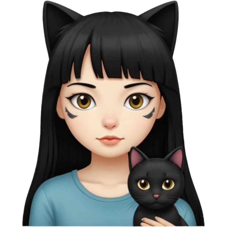girl with long black straight bangs hair and small tattoo and a Black haired cat emoji
