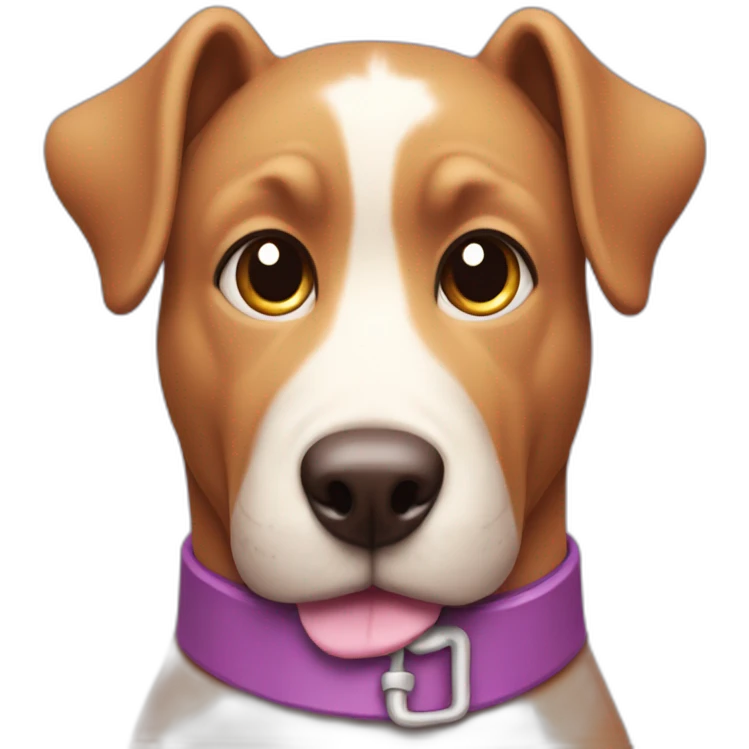 a purple dog with a brown nose and a pink collar with a bone eat cake emoji