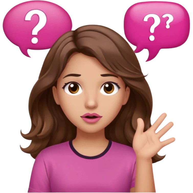 girl with long wavy brown hair, brown eyes, light to medium complexion, in a pink shirt, pink lips, long lashes, shugging, question mark one speech bubble emoji