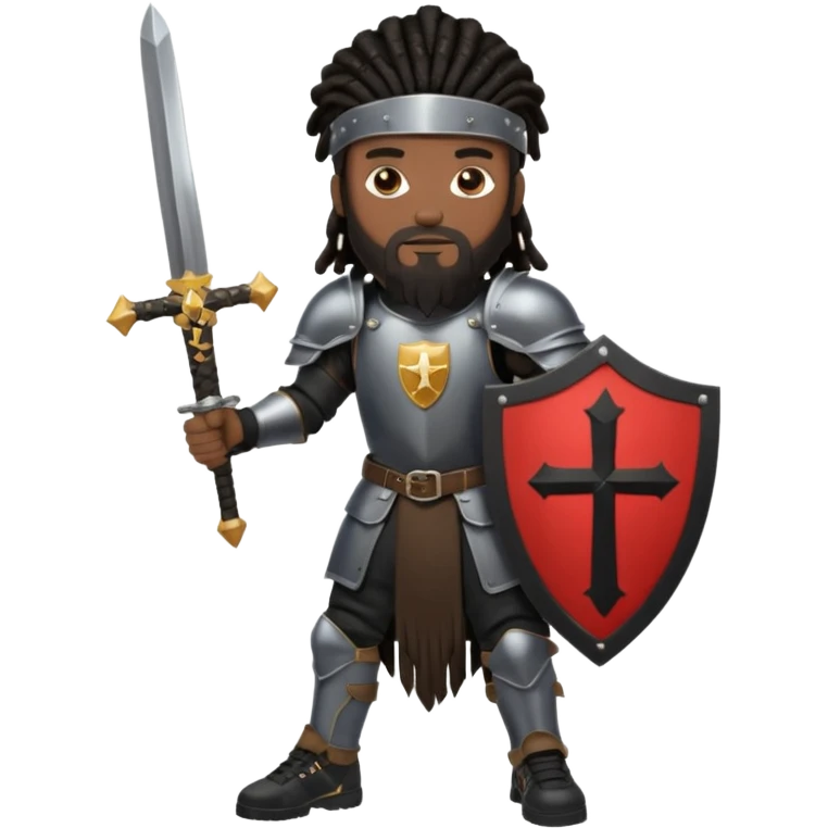 African American with long black dreadlocks with black beard wearing a black knight amour wearing wearing black Air Force 1 low top shoes holding a shield with cross on it and a double edge sword emoji