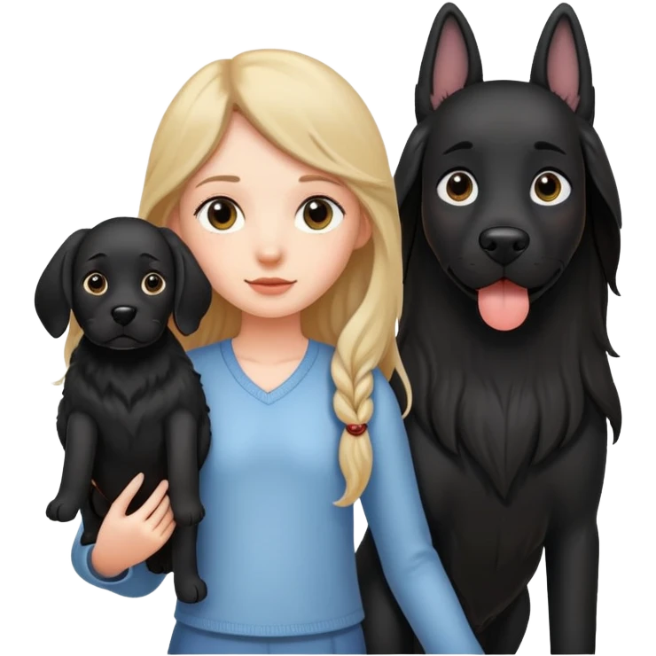 A long-haired girl is holding a big black dog with standing ears emoji