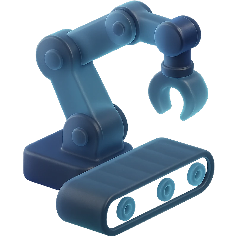 robotic arm on conveyor belt, automating a process, colors #3B2C85, #83fff8, #2C2828, matte glass style emoji